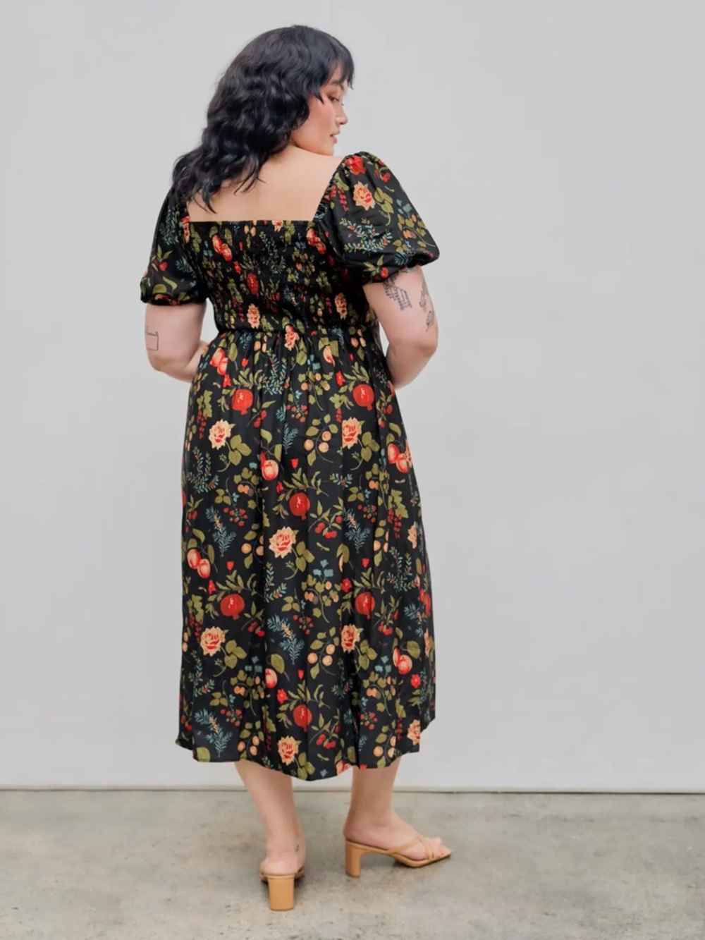 Cider Fruit Square Neck Puff Sleeve Midi Dress Curve 4xl - Picture 2 of 6